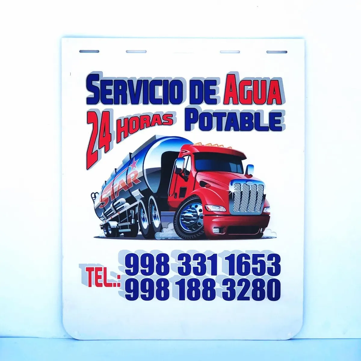 Lodera blanca para servicio de pipas de agua potable con ilustración de pipa y teléfonos grandes