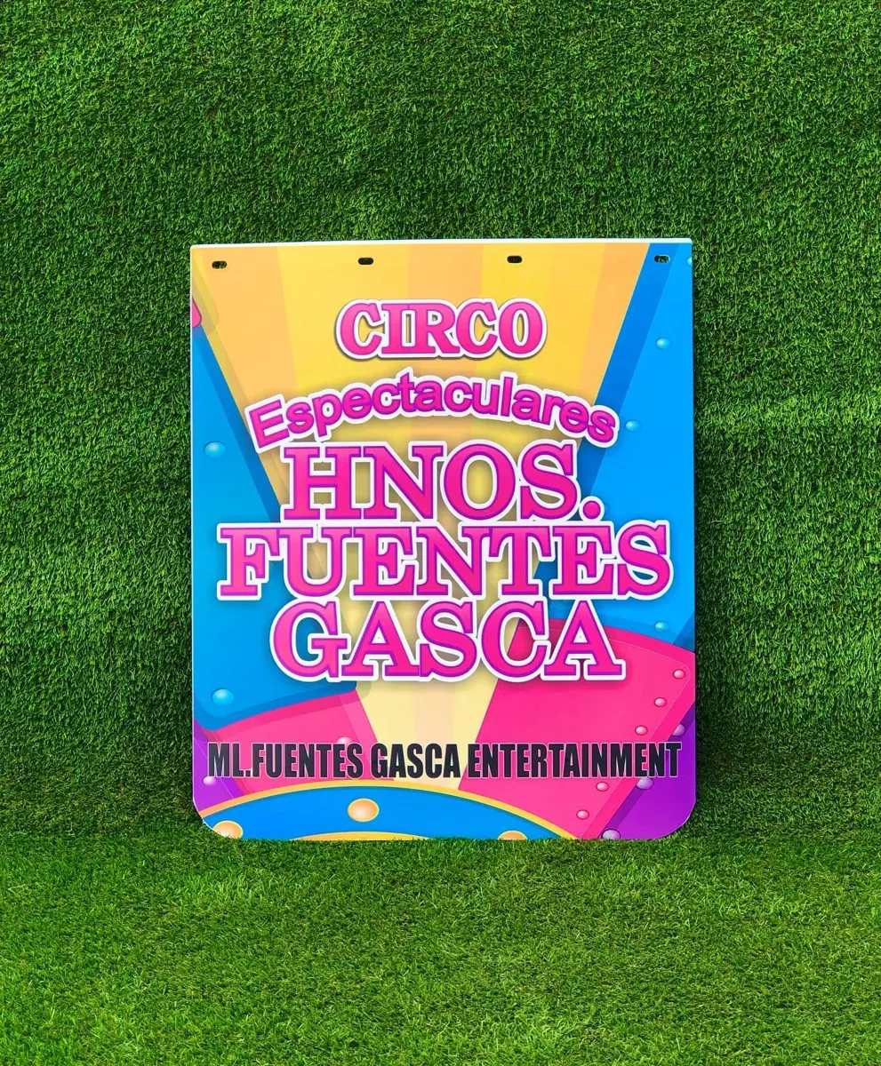 Lodera con fondo multicolor impresa full color para empresa de espectáculos de circo