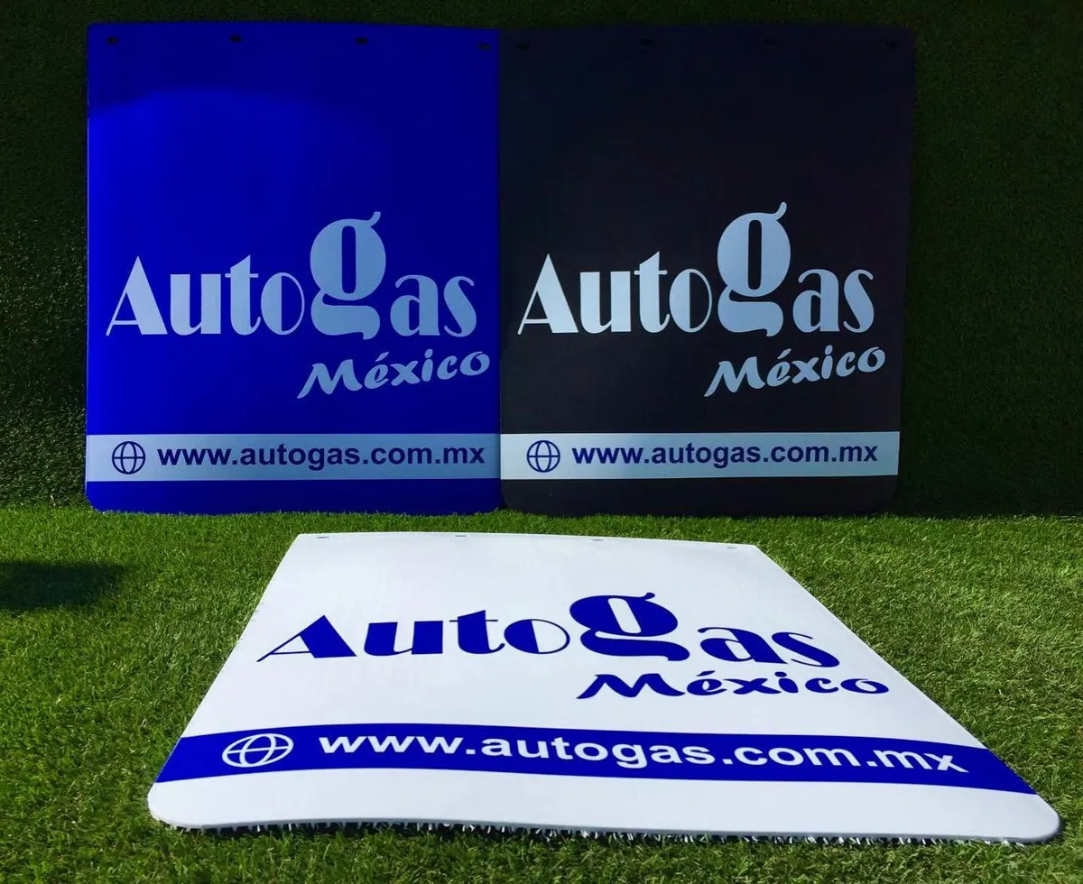 Loderas azul y negra con logotipo de empresa gasera y sitio web
